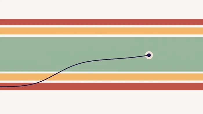 A calm red, amber and green banded chart with a single route line curving up out of the red, through the amber and settling into the middle of the green, ending at a satnav-style destination marker.