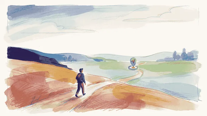 A walker following a path that climbs out of red and amber ground into open green country, heading toward a satnav-style destination marker in the green.