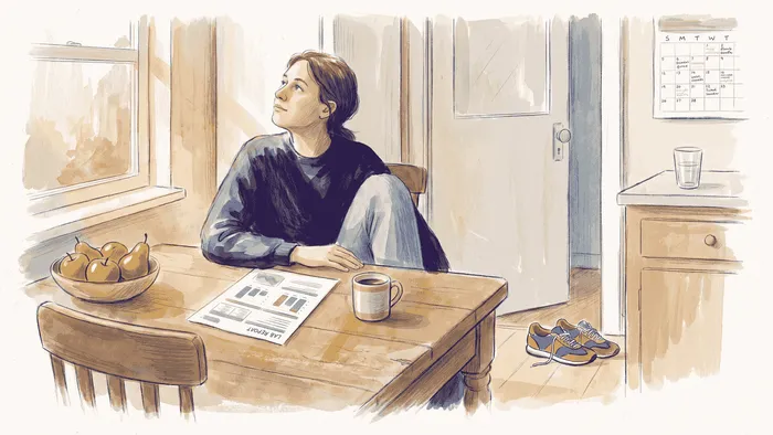 A person sitting at their kitchen table with a printed set of results in front of them, looking up from it to weigh up what to do next.