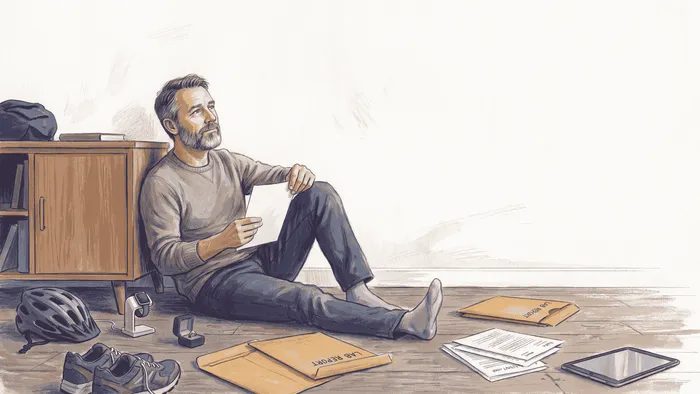 A man in his fifties sits on the floor amid the health gear he has accumulated — a bike helmet, running shoes, a smartwatch, a ring, lab-report envelopes, a tablet — holding one printout and looking up, unsure what to act on first.