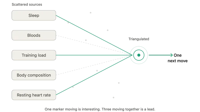 Five scattered data sources — sleep, bloods, training load, body composition, resting heart rate — triangulating into one next move. Caption: one marker moving is interesting, three moving together is a lead.